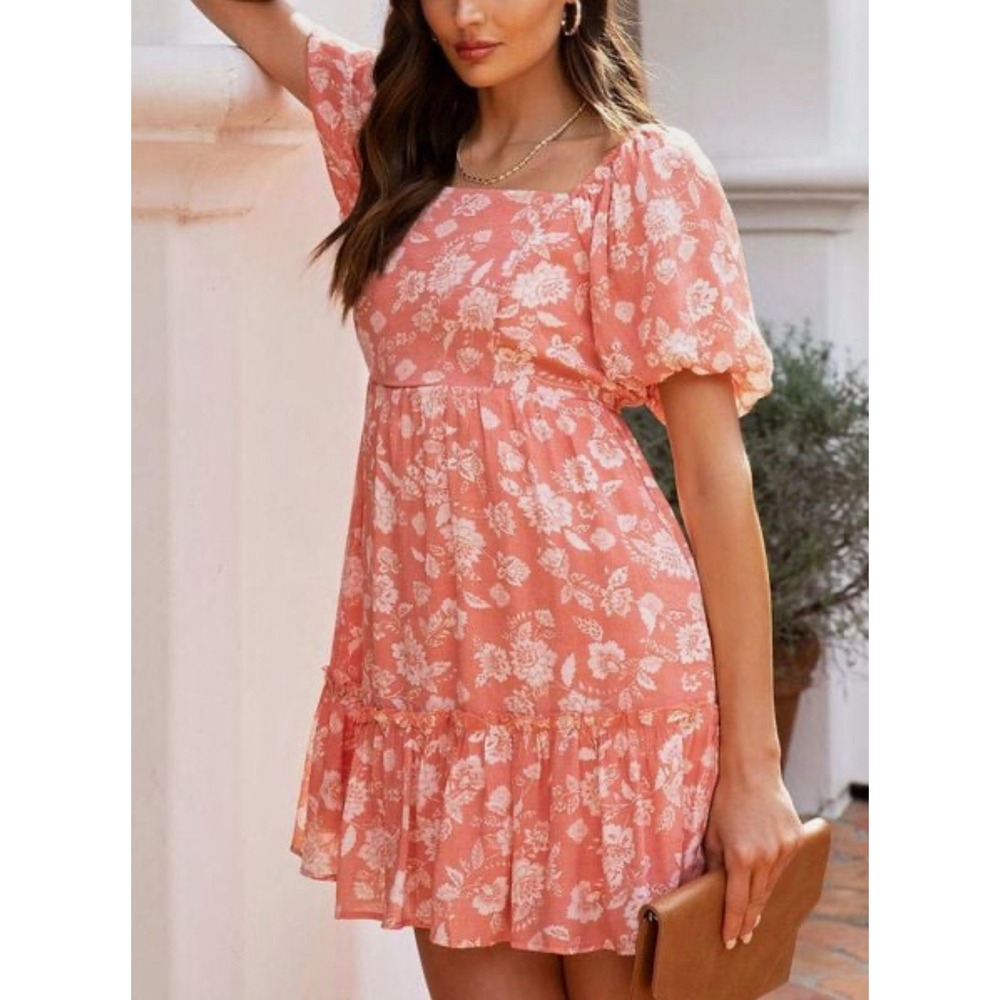 August Sky Dress Womens Size L Floral Puff Sleeve Smocked Waist Tiered Peasent‎